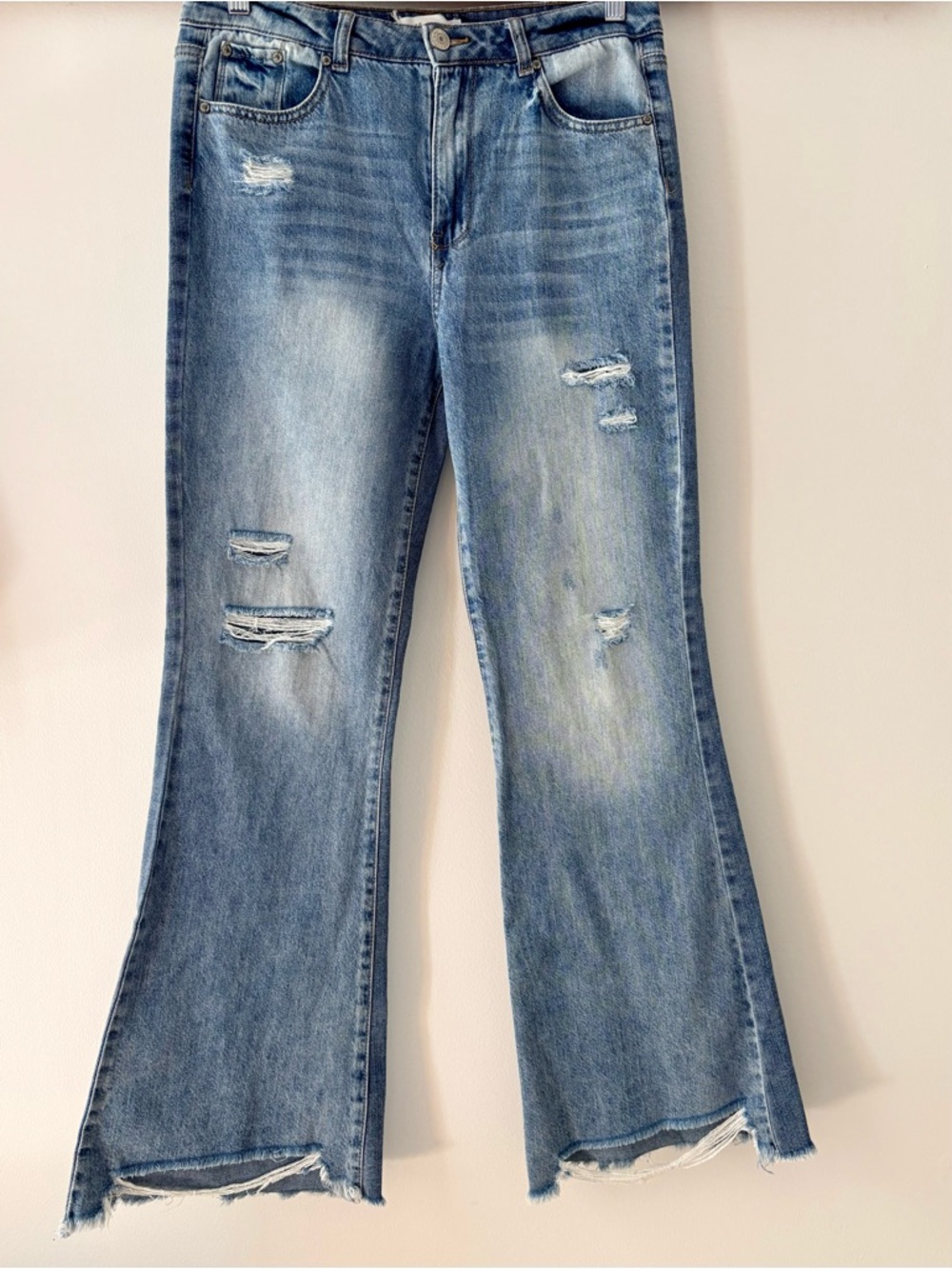 Almost Famous—Distressed Flare Jeans, Medium Wash Light Stretch (Size 11)